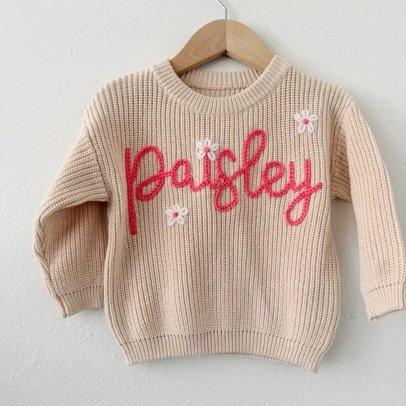 Hand Embroidered Sweater - Paisley Name Cream Pink Floral - Picture 3 of 5